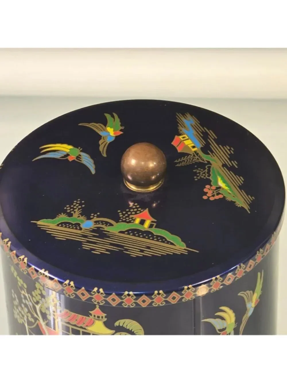 Vintage Daher Design Candy Biscuit Tin Made in England Navy Blue Asian Themed